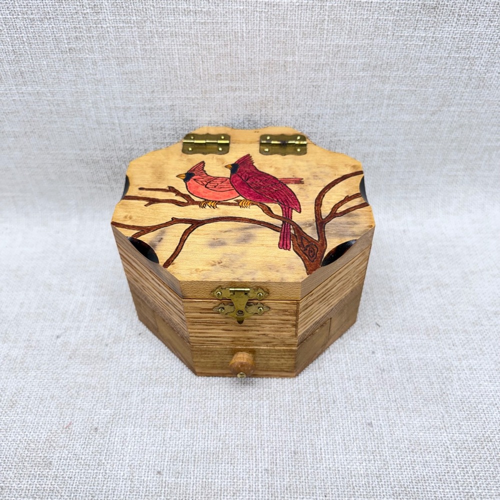 Grampa's Workshop Handcrafted Wood Cardinal Jewelry Box Octagon Maine Folk Art
